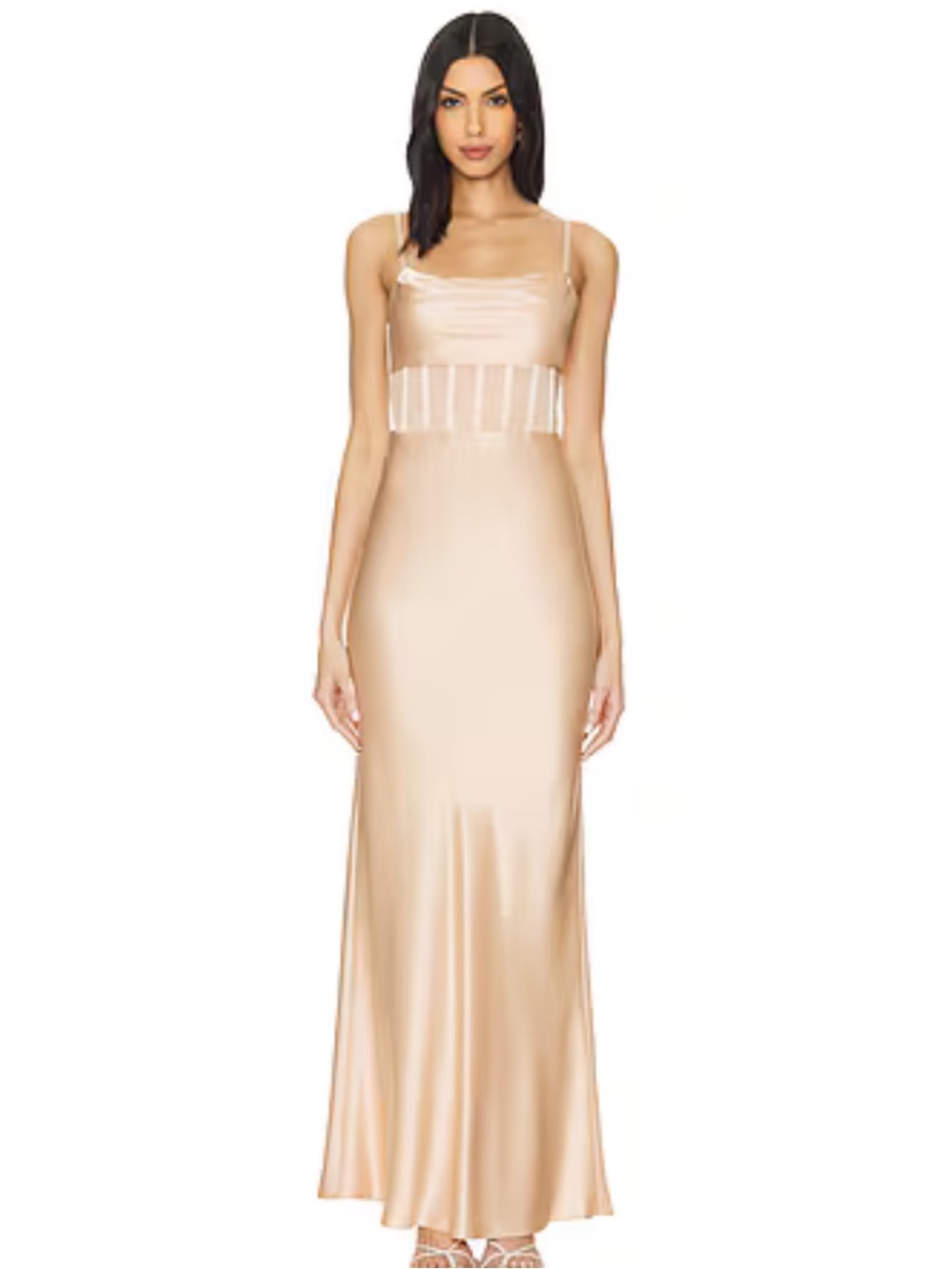 Alice + Olivia Valentina Draped Satin crepe mesh maxi dress NWT in almond